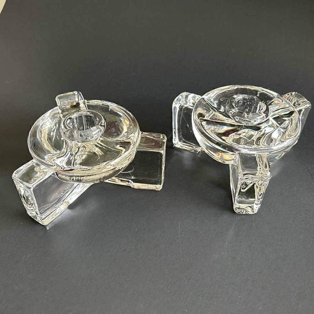 Vintage Heavy Clear Glass 3 Footed Round Candle Holders Set of 2 Art Deco Style